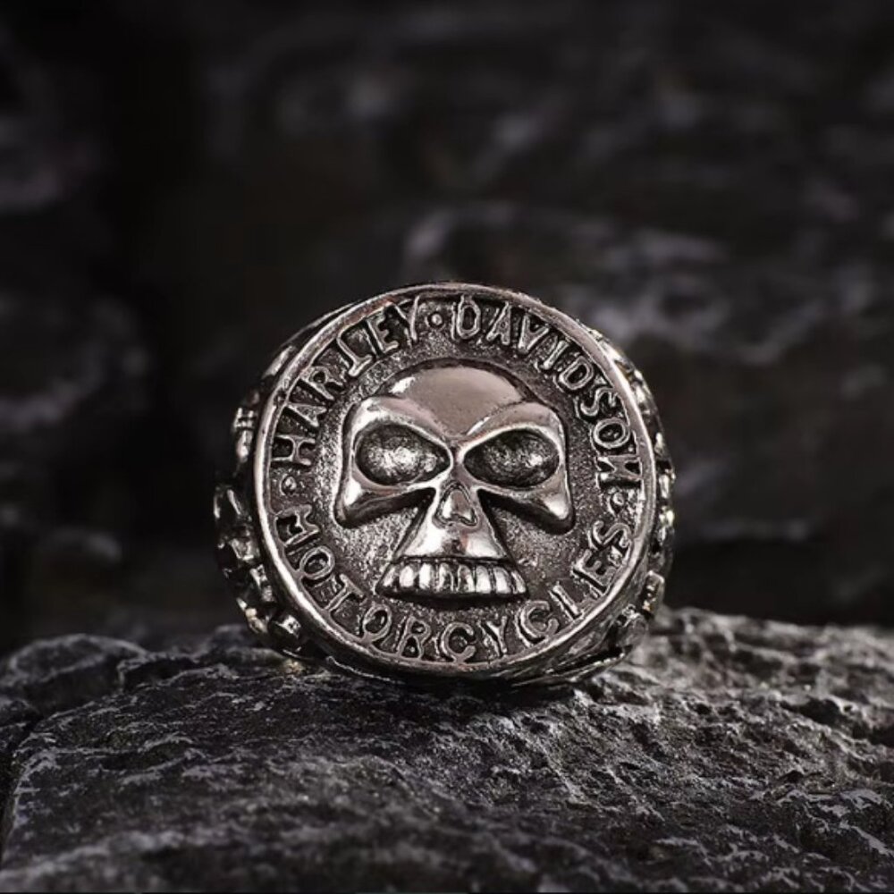 Silver Harley Davidson Biker Motorcycle Heavy Metal Skull Ring